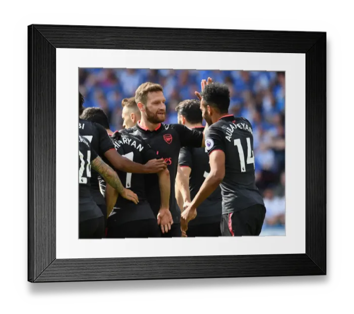 Framed Print : Aubameyang and Mustafi Celebrate Arsenal's Goal Against Huddersfield Town