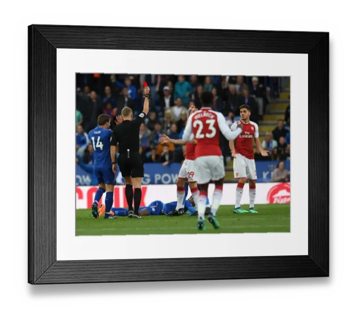 Framed Print : Red Card for Mavropanos: Leicester City vs. Arsenal, Premier League 2017-18