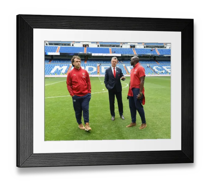 Framed Print : Arsenal Legends vs Real Madrid Legends: A Clash of Football Icons at Bernabeu (2018) - David O'Leary, Gilles Grimandi, and Sol Campbell