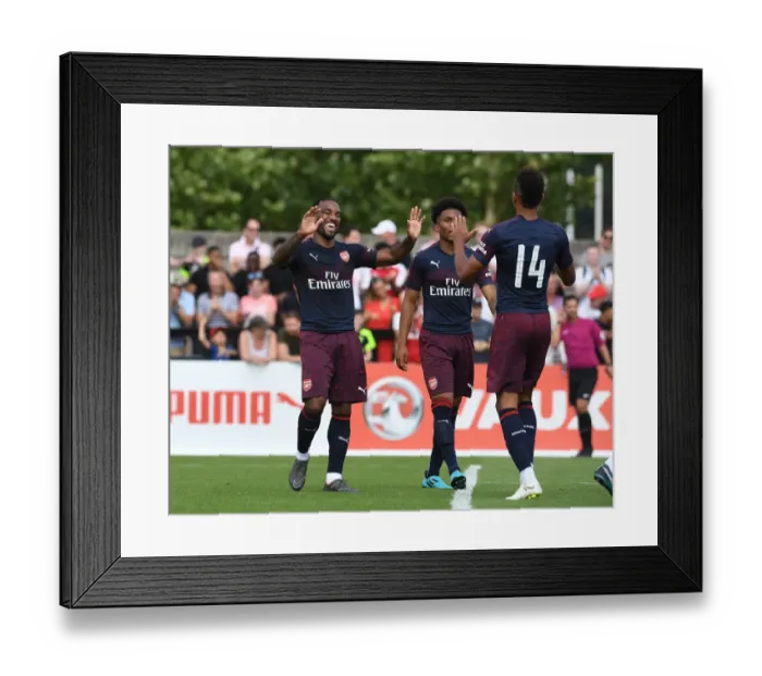 Framed Print : Arsenal's Lacazette and Aubameyang Celebrate Goal in Borehamwood Friendly