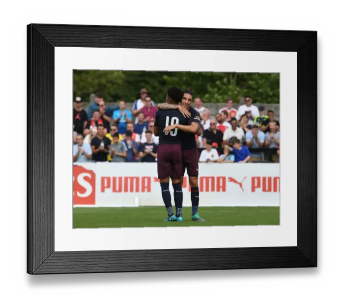 Framed Print : Reiss Nelson and Hector Bellerin Celebrate Goal: Borehamwood vs Arsenal Pre-Season Friendly (2018-19)