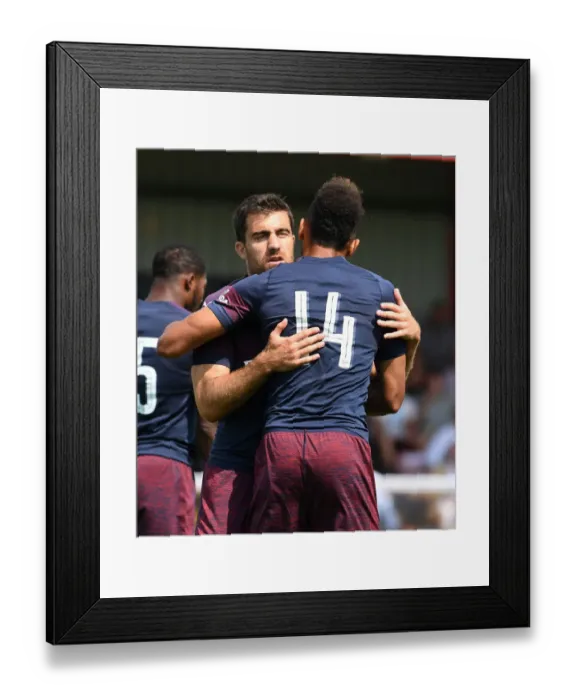 Framed Print : Aubameyang and Sokratis: Celebrating a Goal for Arsenal in Borehamwood Friendly Framed Print : Aubameyang and Sokratis: Celebrating a Goal for Arsenal in Borehamwood Friendly