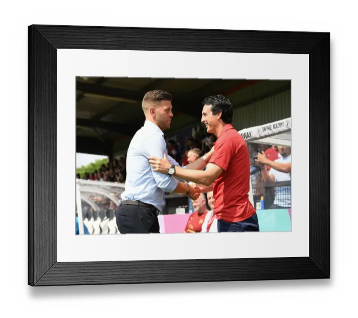 Framed Print : Unai Emery and Luke Garrard Exchange Pre-Match Greetings at Borehamwood vs Arsenal Friendly