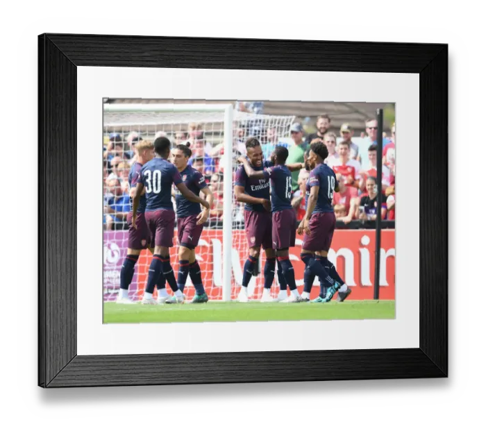 Framed Print : Arsenal's Aubameyang and Lacazette Celebrate Goals in Borehamwood Friendly (2018-19)