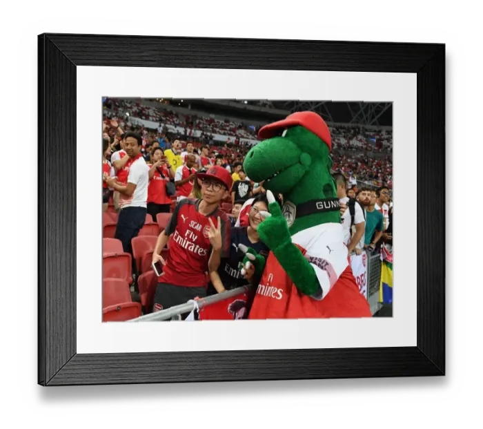 Framed Print : Gunnersuarus: Arsenal's Mascot Gets Ready for Arsenal vs. Paris Saint-Germain International Champions Cup Match in Singapore (2018)