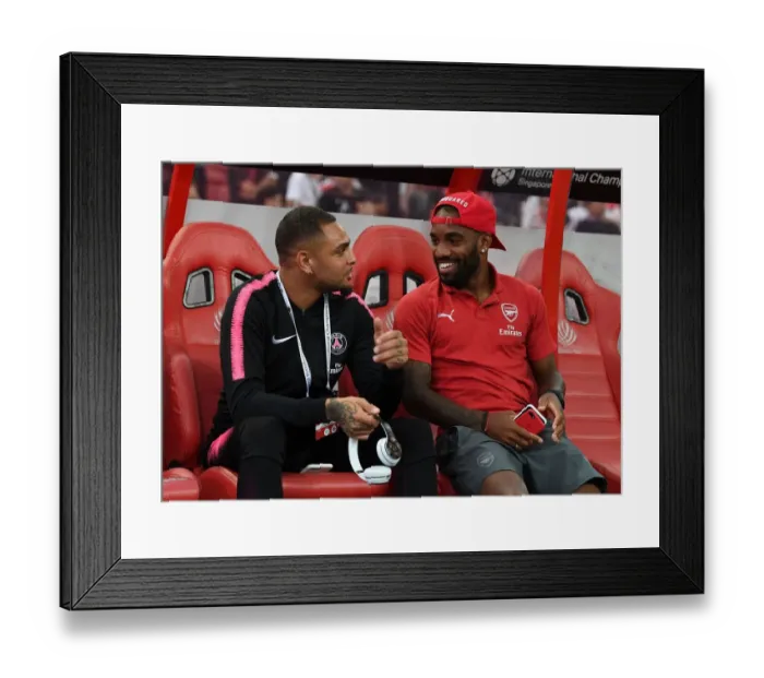 Framed Print : Arsenal's Lacazette and PSG's Kurzawa Engage in Pre-Match Conversation at 2018 International Champions Cup in Singapore