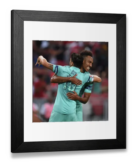 Framed Print : Arsenal Stars Ozil and Aubameyang Celebrate Goal against Paris Saint-Germain in 2018