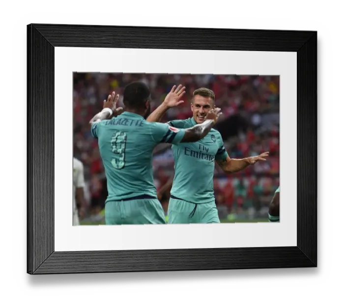 Framed Print : Alexandre Lacazette and Aaron Ramsey Celebrate Goal for Arsenal against Paris Saint-Germain in 2018 International Champions Cup, Singapore Framed Print : Alexandre Lacazette and Aaron Ramsey Celebrate Goal for Arsenal against Paris Saint-Germain in 2018 International Champions Cup, Singapore