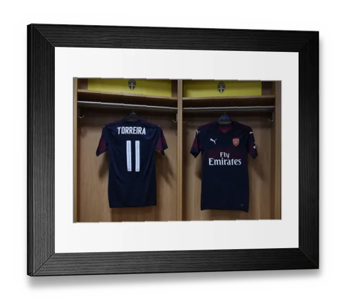 Framed Print : Arsenal FC: Lucas Torreira's Jersey Hangs in Changing Room Before Arsenal v SS Lazio Pre-Season Friendly, Stockholm 2018