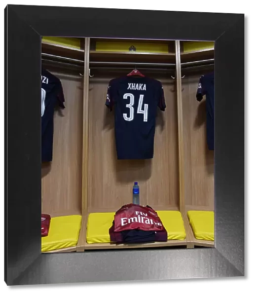 Arsenal FC: Granit Xhaka's Jersey in Arsenal Changing Room Before Arsenal v SS Lazio Pre-Season Friendly, Stockholm, 2018