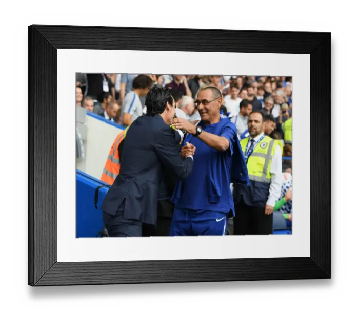 Framed Print : Unai Emery and Maurizio Sarri Embrace Before Chelsea vs Arsenal Premier League Clash (2018-19) Framed Print : Unai Emery and Maurizio Sarri Embrace Before Chelsea vs Arsenal Premier League Clash (2018-19)