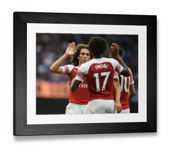 Framed Print : Guendouzi and Iwobi Celebrate Arsenal's Goals Against Chelsea (2018-19)