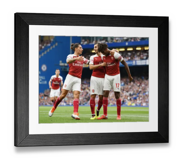 Framed Print : Celebrating a Goal: Mkhitaryan, Iwobi, and Bellerin (Chelsea vs Arsenal, 2018-19)