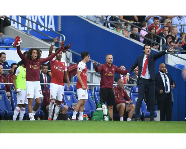 Unai Emery and Arsenal Team: Aubameyang, Ozil, Guendouzi, and Burgess at Cardiff City Stadium