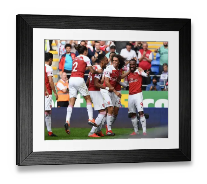 Framed Print : Aubameyang, Guendouzi, and Lacazette: Celebrating Arsenal's Goals Against Cardiff City Framed Print : Aubameyang, Guendouzi, and Lacazette: Celebrating Arsenal's Goals Against Cardiff City