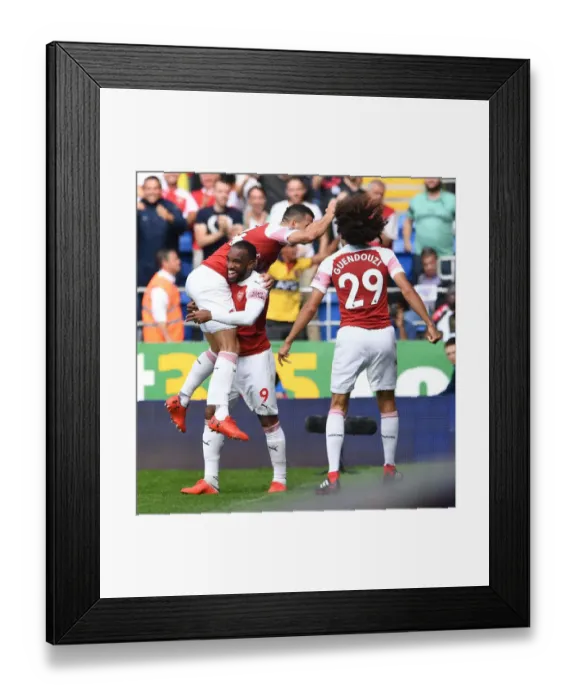 Framed Print : Lacazette and Xhaka Celebrate Arsenal's Goals Against Cardiff City Framed Print : Lacazette and Xhaka Celebrate Arsenal's Goals Against Cardiff City