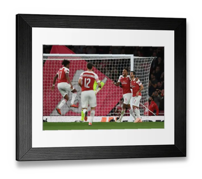 Framed Print : Arsenal's Aubameyang and Mkhitaryan Celebrate Goals in Europa League Win over Vorskla Poltava