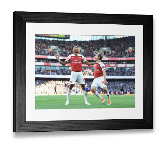 Framed Print : Aubameyang and Monreal Celebrate Arsenal's Second Goal (2018-19) Framed Print : Aubameyang and Monreal Celebrate Arsenal's Second Goal (2018-19)
