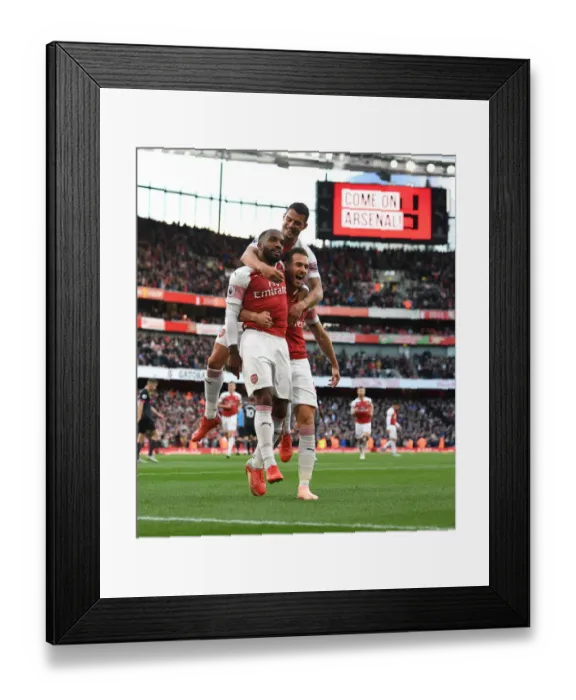 Framed Print : Arsenal Celebrate: Lacazette, Xhaka, Ramsey Score in Arsenal v Everton (2018-19)