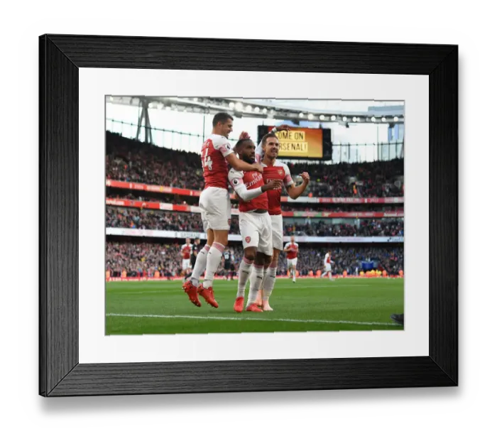Framed Print : Arsenal's Lacazette, Xhaka, and Ramsey Celebrate Goal vs Everton (2018-19)