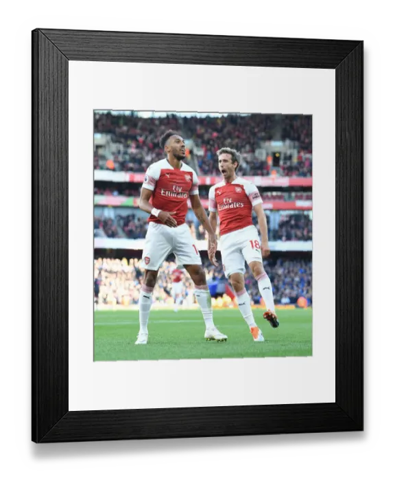 Framed Print : Arsenal's Aubameyang and Monreal Celebrate Goal vs. Everton (2018-19)