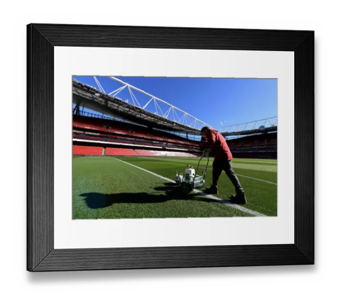 Framed Print : Arsenal Groundsman Meticulously Prepares Emirates Stadium Pitch for Carabao Cup Match