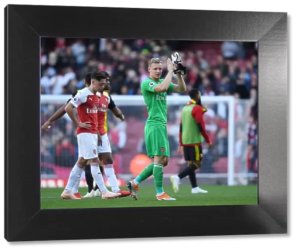 Bernd Leno Celebrates with Arsenal Fans after Arsenal FC vs. Watford FC in Premier League