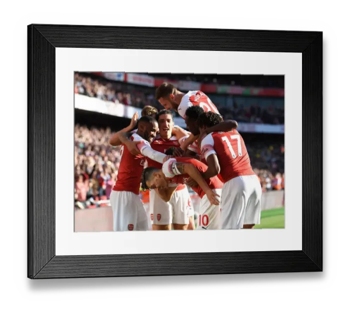 Framed Print : Arsenal's Ozil, Lacazette, Bellerin, and Mustafi Celebrate Goals Against Watford (2018-19)