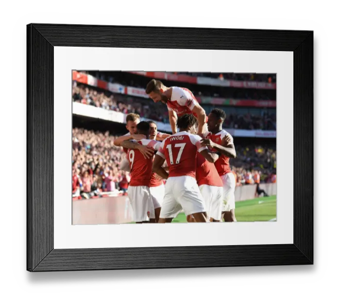 Framed Print : Mesut Ozil Scores and Celebrates with Team Mates: Arsenal vs Watford, Premier League 2018-19
