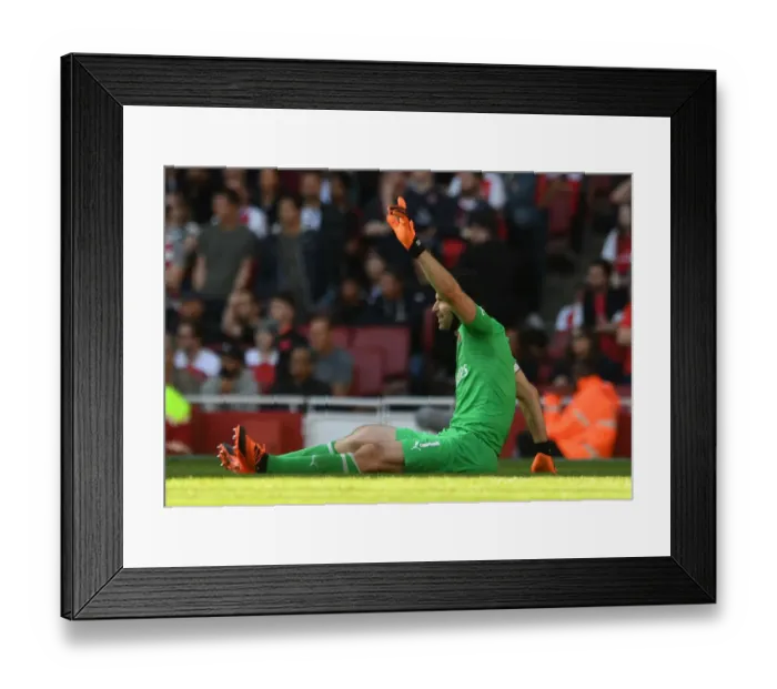 Framed Print : Arsenal's Petr Cech Signals Injury During Arsenal v Watford Premier League Match