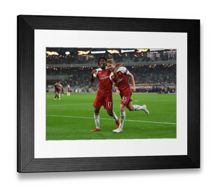 Framed Print : Emile Smith Rowe and Alex Iwobi Celebrate Arsenal's Goals Against Qarabag in Europa League