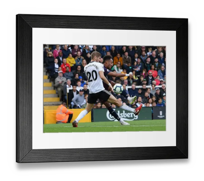 Framed Print : Aubameyang's Intense Fourth Goal for Arsenal Against Fulham Amidst Defensive Pressure