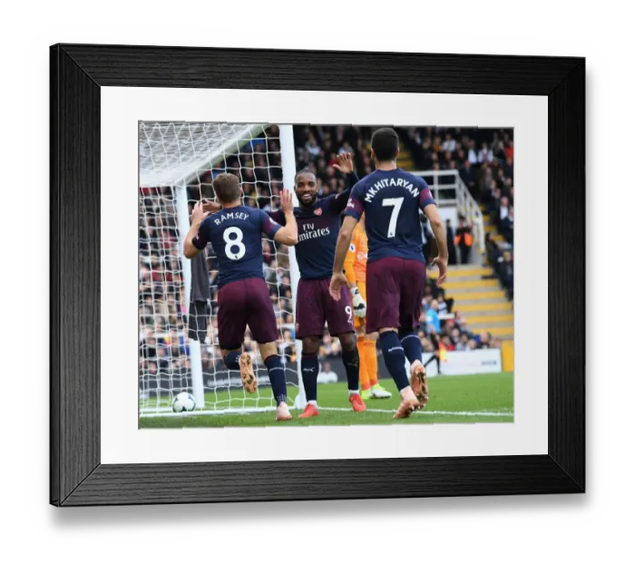 Framed Print : Ramsey and Lacazette Celebrate Arsenal's Goals Against Fulham (2018-19) Framed Print : Ramsey and Lacazette Celebrate Arsenal's Goals Against Fulham (2018-19)