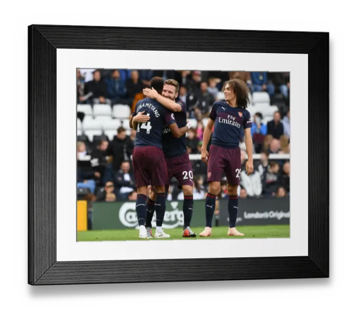 Framed Print : Arsenal's Aubameyang, Mustafi, and Guendouzi Celebrate Fifth Goal vs. Fulham (2018-19) Framed Print : Arsenal's Aubameyang, Mustafi, and Guendouzi Celebrate Fifth Goal vs. Fulham (2018-19)
