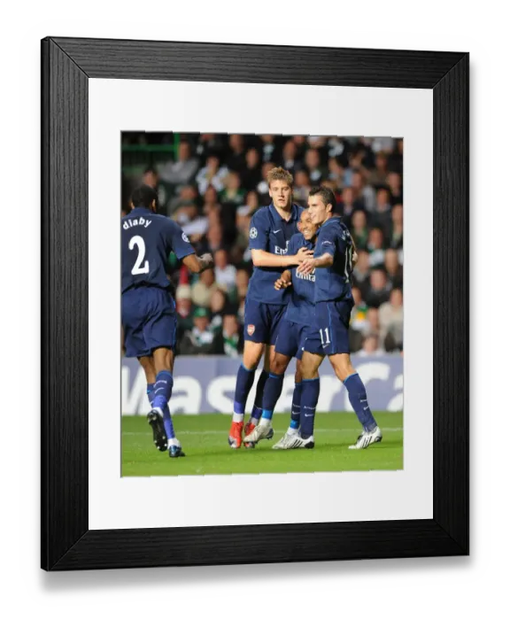 Framed Print : Arsenal Celebrates Double Strike: Diaby, Bendtner, Clichy, and van Persie Rejoice after 2-0 Goals vs. Celtic, UEFA Champions League Play-off Round 1st Leg, 2009 Framed Print : Arsenal Celebrates Double Strike: Diaby, Bendtner, Clichy, and van Persie Rejoice after 2-0 Goals vs. Celtic, UEFA Champions League Play-off Round 1st Leg, 2009