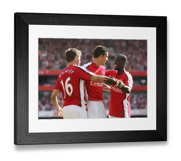 Framed Print : Arsenal's Unstoppable Force: Ramsey, van Persie, and Eboue Celebrate a 4-1 Victory Over Portsmouth