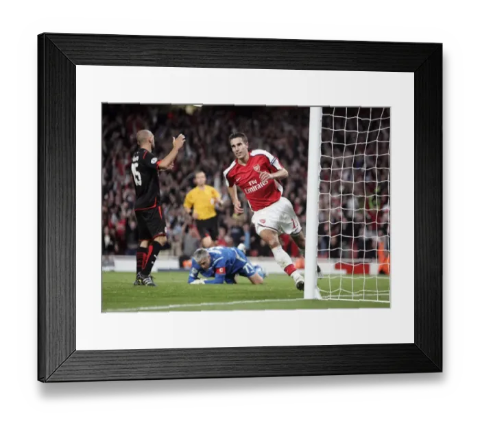 Framed Print : Robin van Persie's Thrilling Goal: Arsenal's 2-0 Lead in Champions League vs. Olympiacos