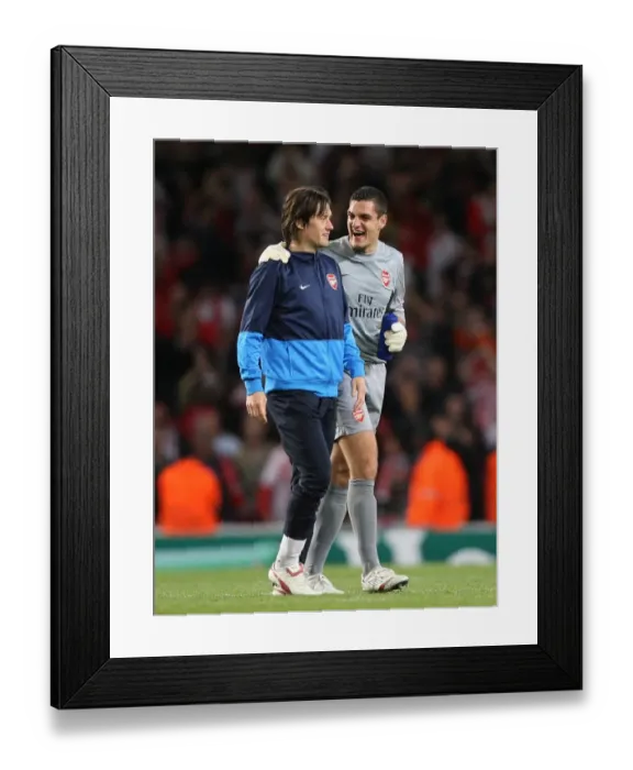 Framed Print : Vito Mannone and Tomas Rosicky (Arsenal) celebrate after the match Framed Print : Vito Mannone and Tomas Rosicky (Arsenal) celebrate after the match