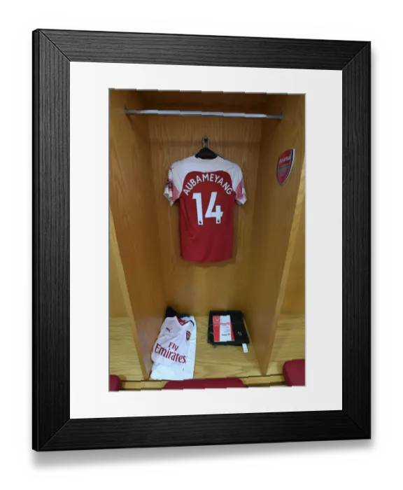 Framed Print : Pierre-Emerick Aubameyang's Arsenal Kit in the Changing Room before Arsenal vs Leicester City, Premier League 2018-19 Framed Print : Pierre-Emerick Aubameyang's Arsenal Kit in the Changing Room before Arsenal vs Leicester City, Premier League 2018-19