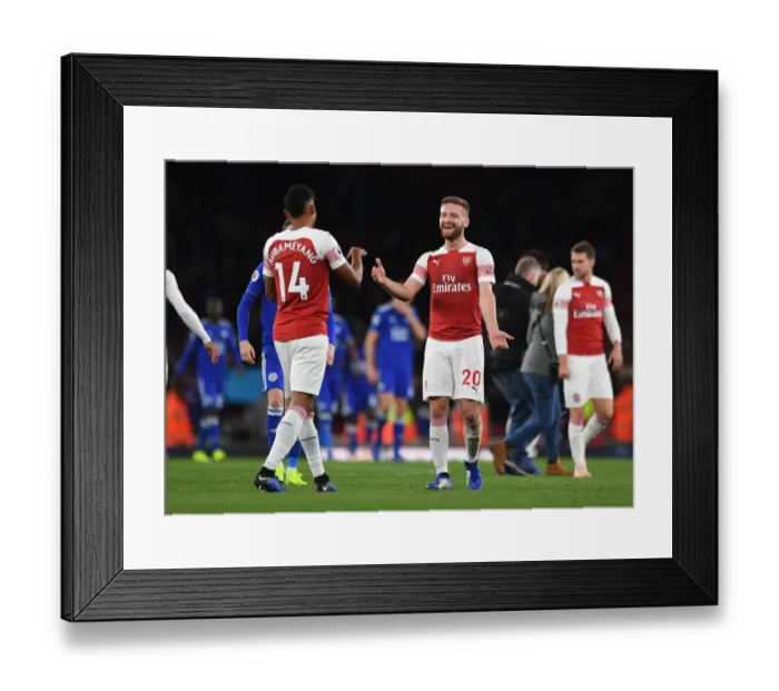 Framed Print : Arsenal's Aubameyang and Mustafi Celebrate Goal Against Leicester City Framed Print : Arsenal's Aubameyang and Mustafi Celebrate Goal Against Leicester City