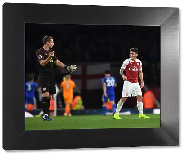 Arsenal: Leno and Torreira Celebrate after Arsenal FC vs Leicester City, Premier League 2018-19