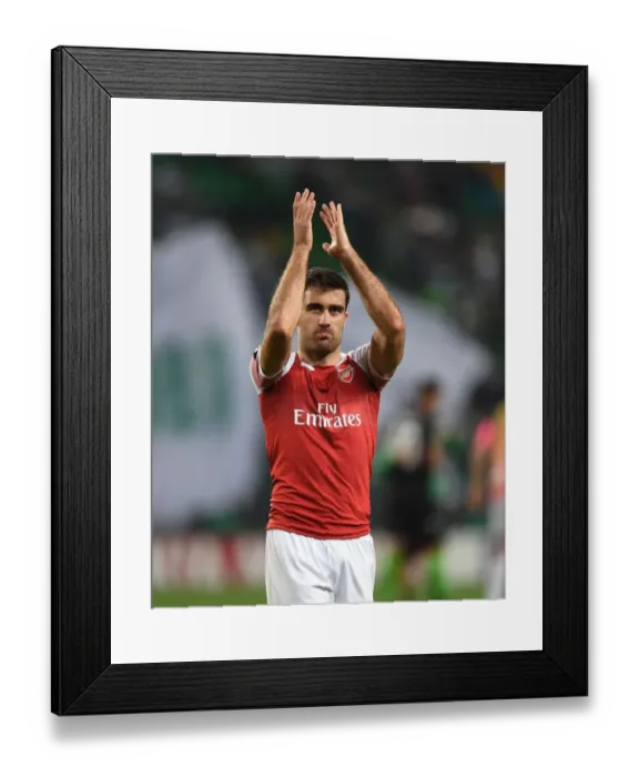 Framed Print : Sokratis Celebrates with Arsenal Fans after UEFA Europa League Match vs. Sporting Lisbon