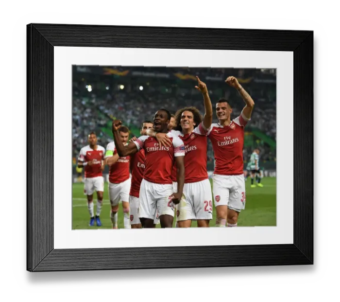 Framed Print : Arsenal's Triumph in Lisbon: Welbeck, Guendouzi, and Xhaka's Goal Celebration (Sporting vs Arsenal, 2018-19)