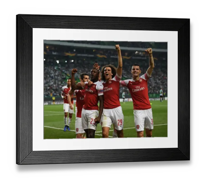 Framed Print : Arsenal's Triumph: Welbeck, Guendouzi, and Xhaka's Unforgettable Goal Celebration (vs. Sporting Lisbon, 2018)