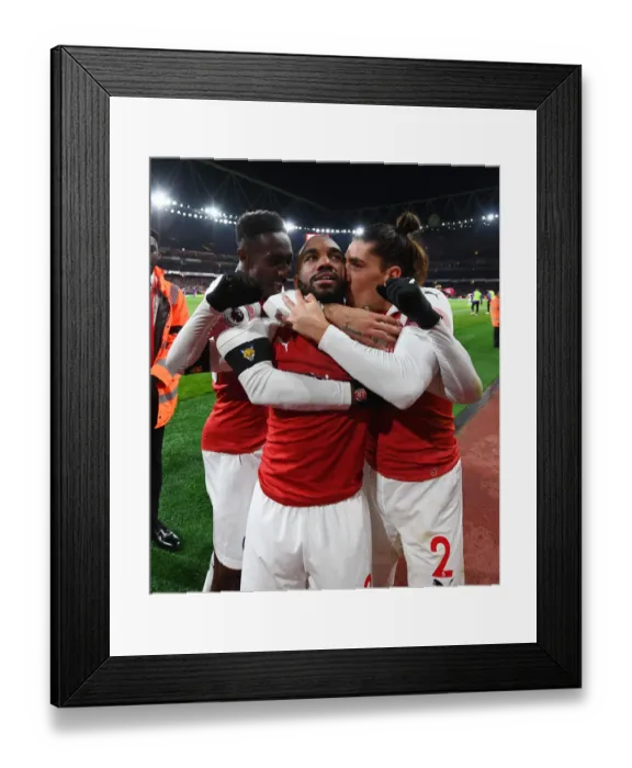 Framed Print : Arsenal's Lacazette, Welbeck, and Bellerin Celebrate Goal Against Liverpool (2018-19) Framed Print : Arsenal's Lacazette, Welbeck, and Bellerin Celebrate Goal Against Liverpool (2018-19)