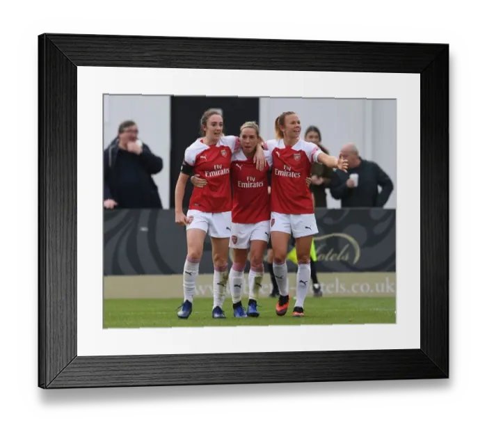 Framed Print : Arsenal Women's Triumph: Nobbs, Evans, and Samuelsson Celebrate Goals Against Birmingham City Framed Print : Arsenal Women's Triumph: Nobbs, Evans, and Samuelsson Celebrate Goals Against Birmingham City