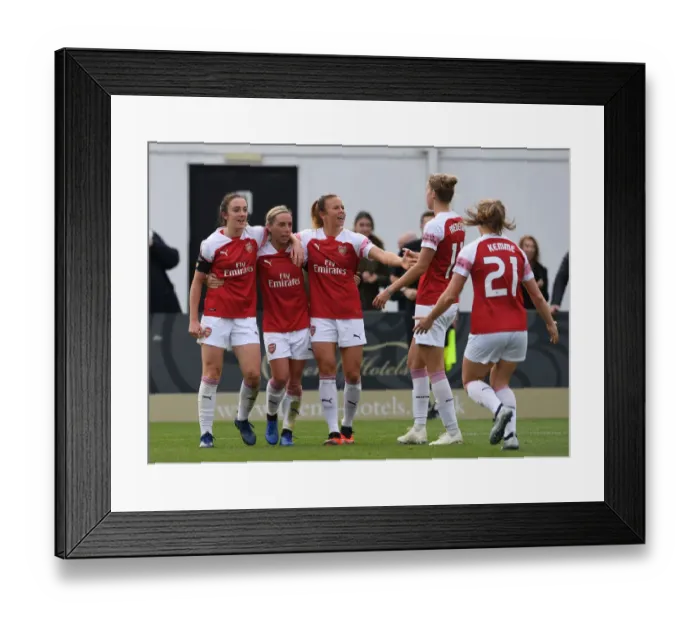 Framed Print : Arsenal Women's Triumph: Nobbs, Evans, and Samuelsson Celebrate Goals Against Birmingham City