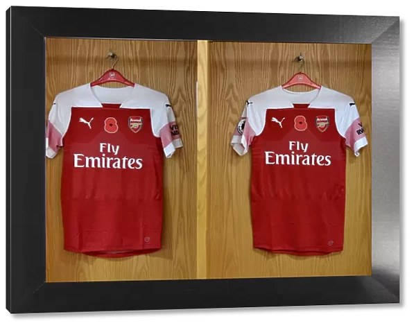 Arsenal's Poppy-Emblazoned Jerseys in Home Changing Room Before Arsenal vs. Wolverhampton Wanderers, 2018-19 Premier League