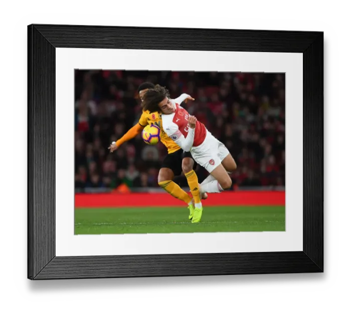 Framed Print : Clash of Styles: Guendouzi vs. Costa - Arsenal vs. Wolverhampton Wanderers, Premier League