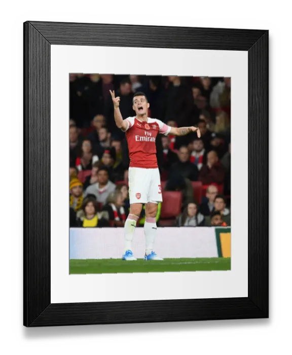 Framed Print : Granit Xhaka in Action: Arsenal vs. Wolverhampton Wanderers, Premier League 2018-19